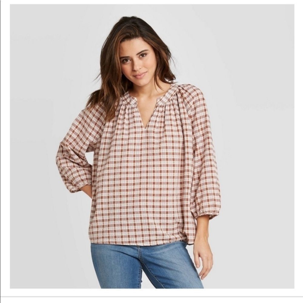 NWT Universal Thread Plaid 3/4 Sleeve V-Neck Tunic Top XS